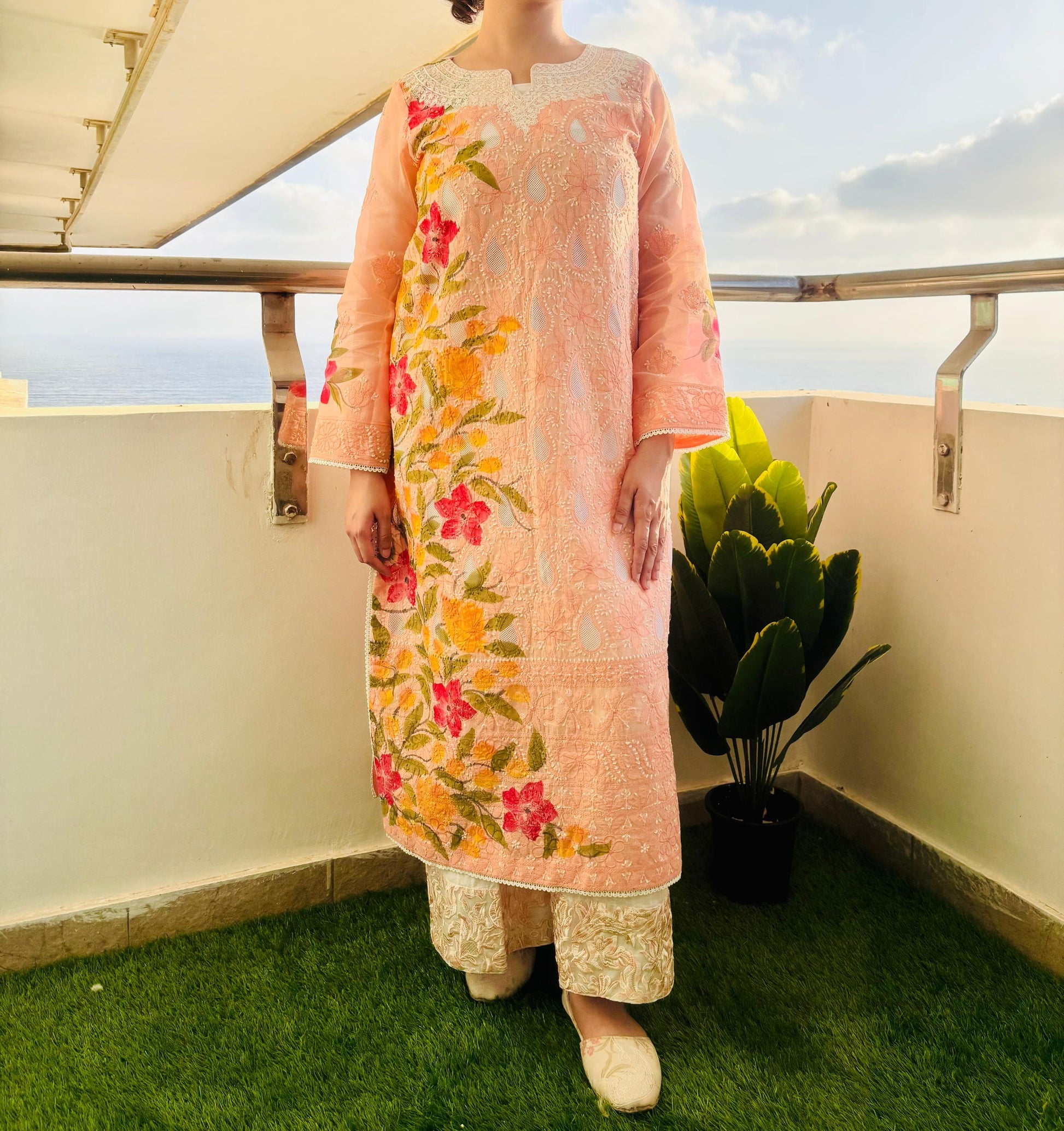 Peach Chikankari Set