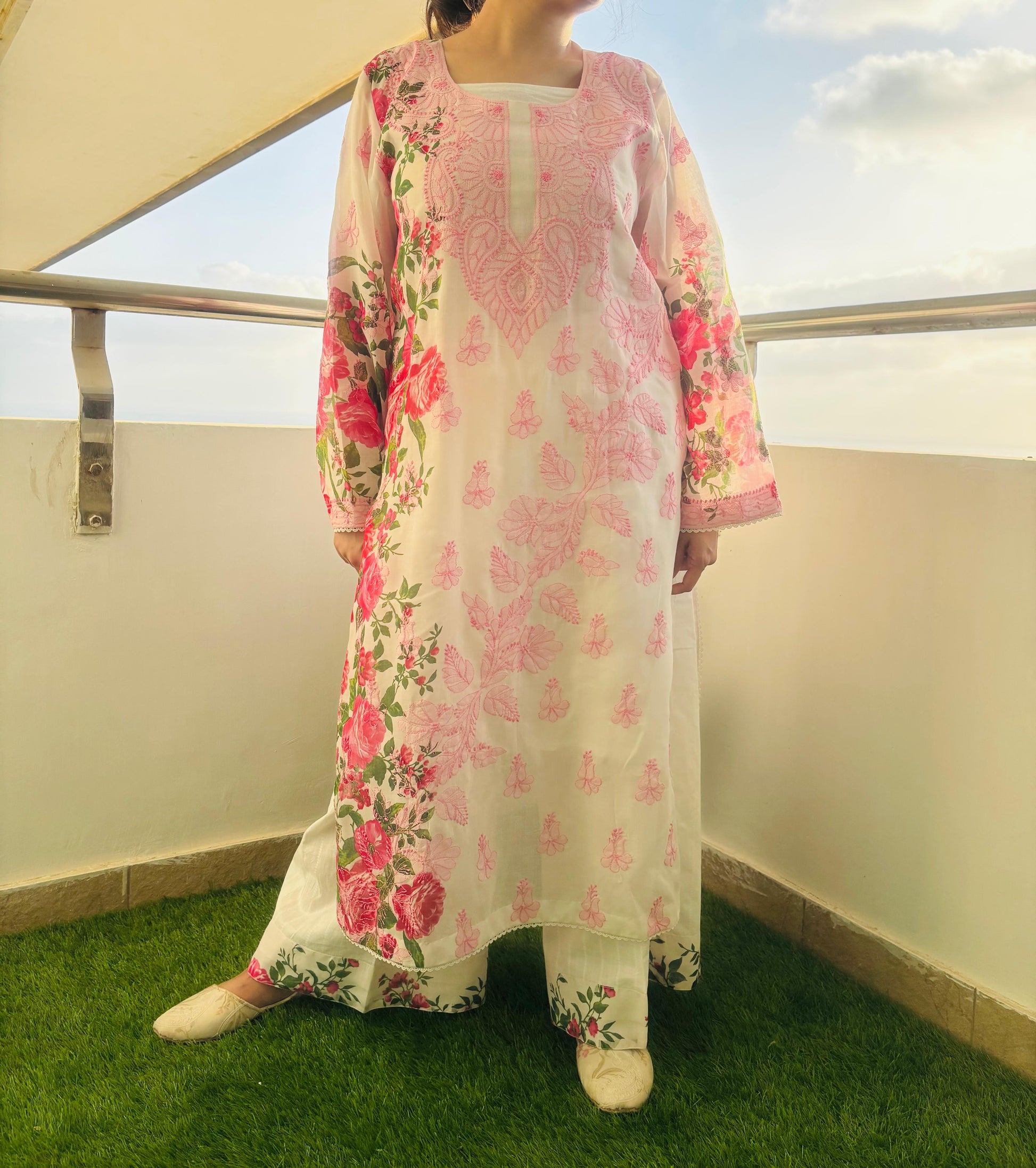 White and Pink Chikankari Set